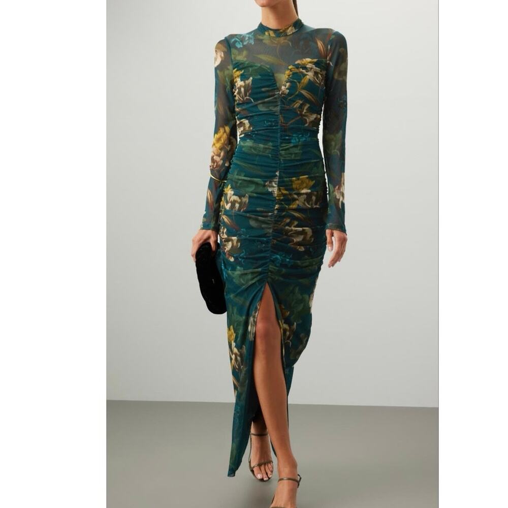 BLACK HALO Dark Green Moody Florals Mesh Wendy Style Long Sleeve Gown size 6